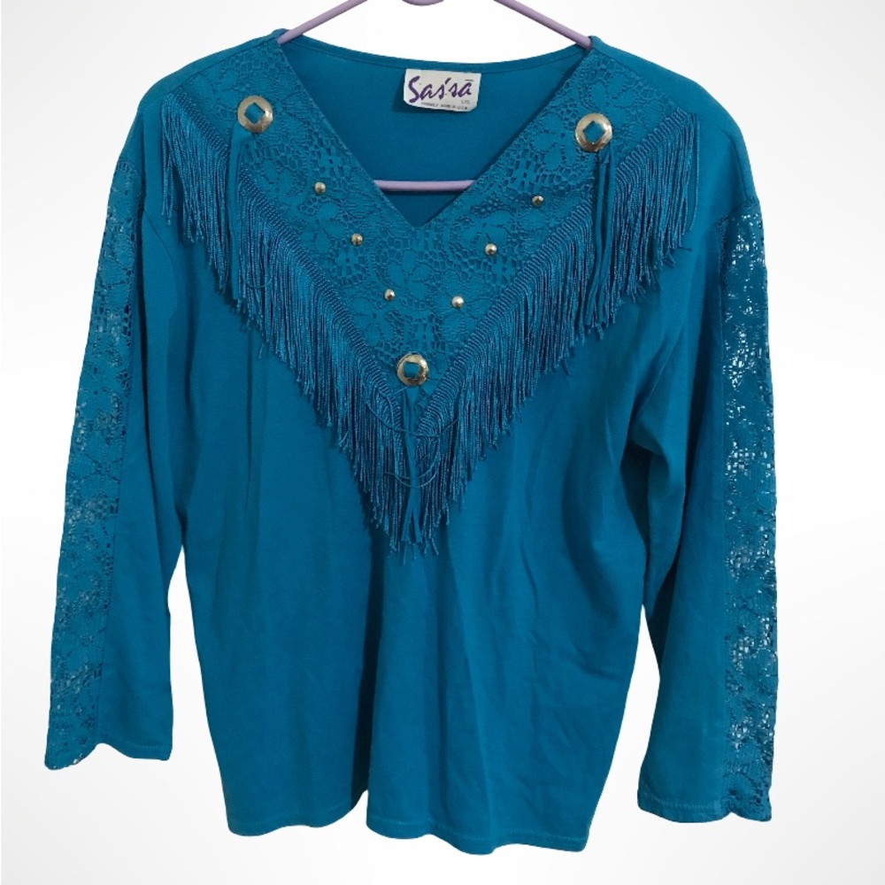 S107 Vintage 80’s Teal Fringe Lace Blouse